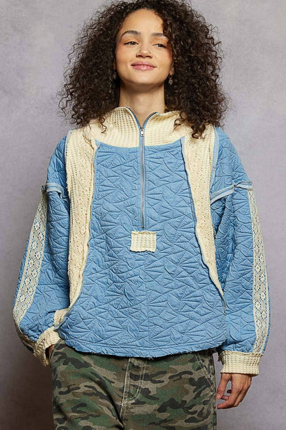 Pol Clothing - Long sleeve solid stitch edge quilted woven hoodie top: CHARCOAL / S