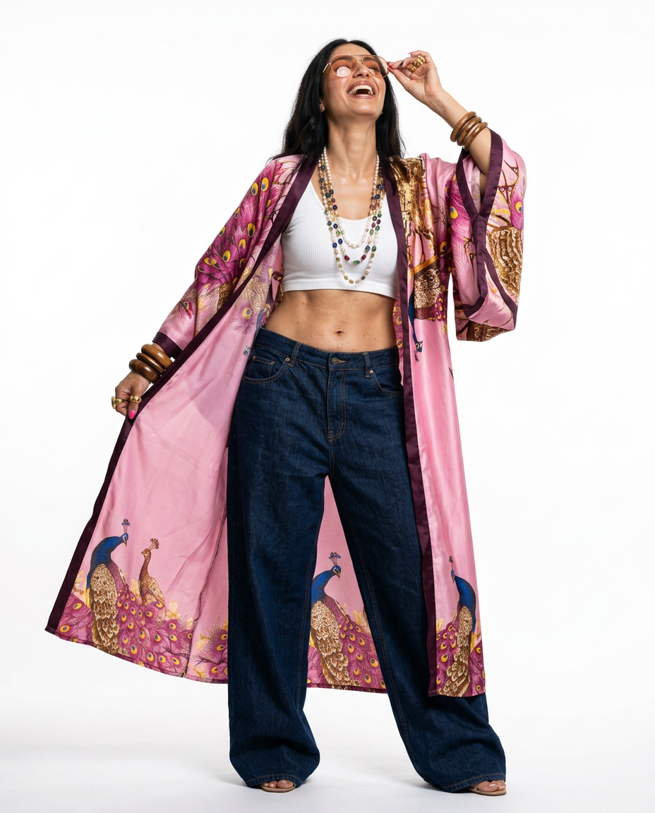 Boho Brown - Divine Printed Silk Kimono: 34 / One Size