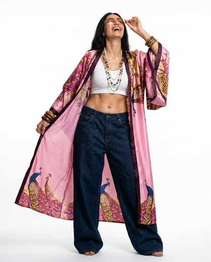 Boho Brown - Divine Printed Silk Kimono: 34 / One Size