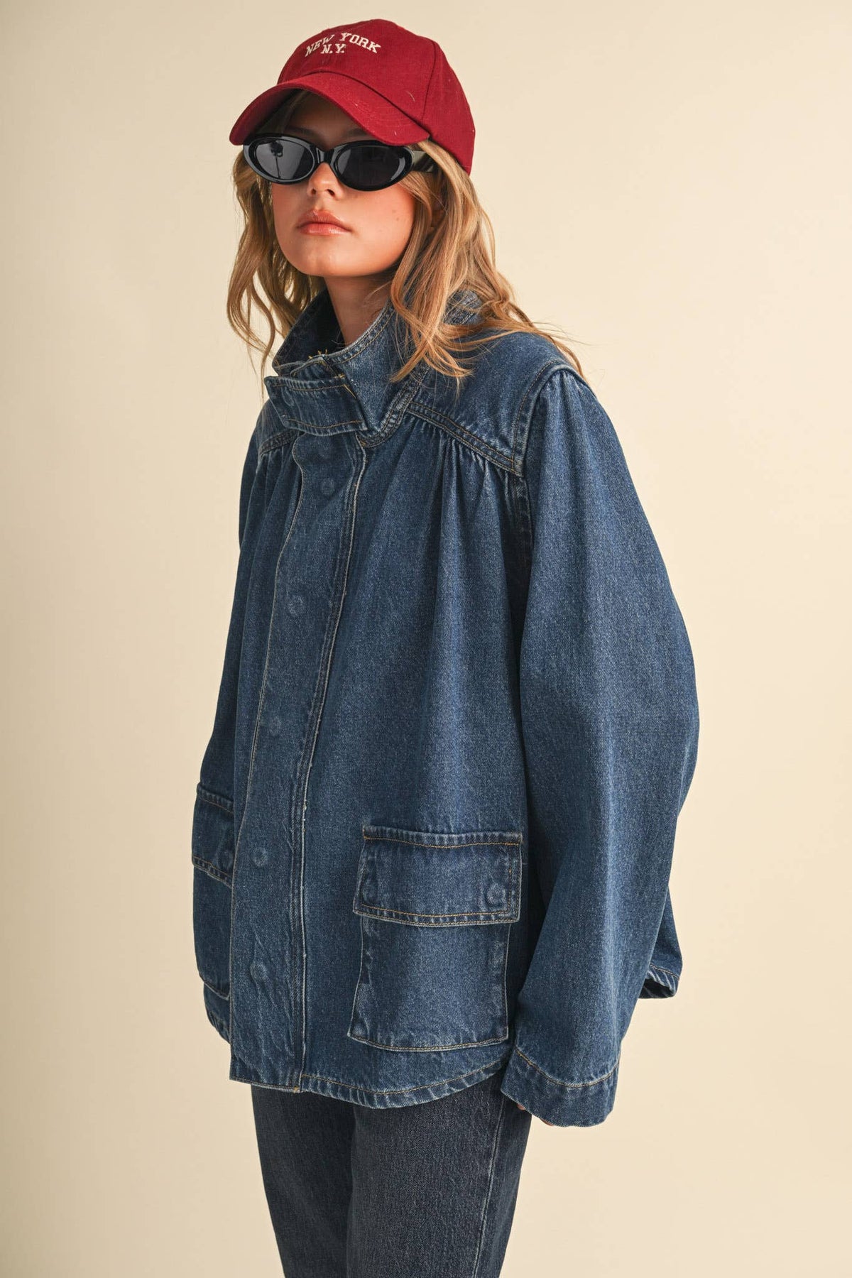 &MERCI - DENIM STAND COLLAR UTILITY JACKET MJK5157: DARK VINTAGE BLUE / L