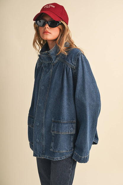 &MERCI - DENIM STAND COLLAR UTILITY JACKET MJK5157: DARK VINTAGE BLUE / L