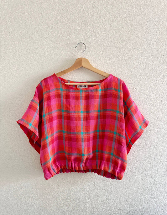 Joolee - Pink check linen top: S