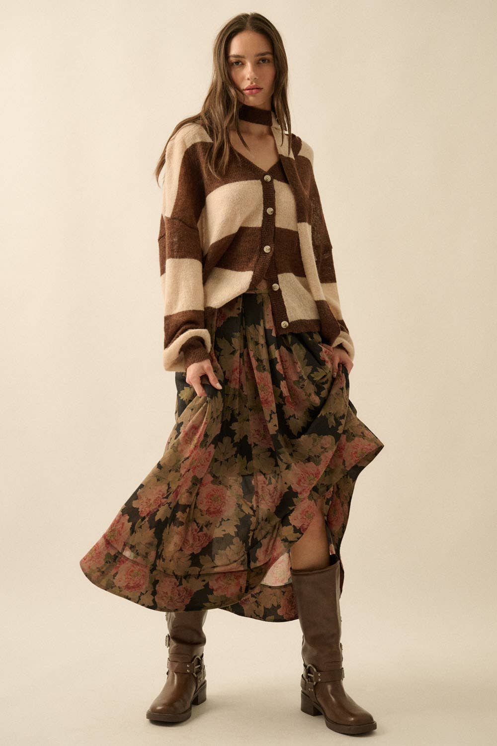 Promesa USA - Floral-Print Pleated Midi Circle Skirt: CHOCOLATE / M