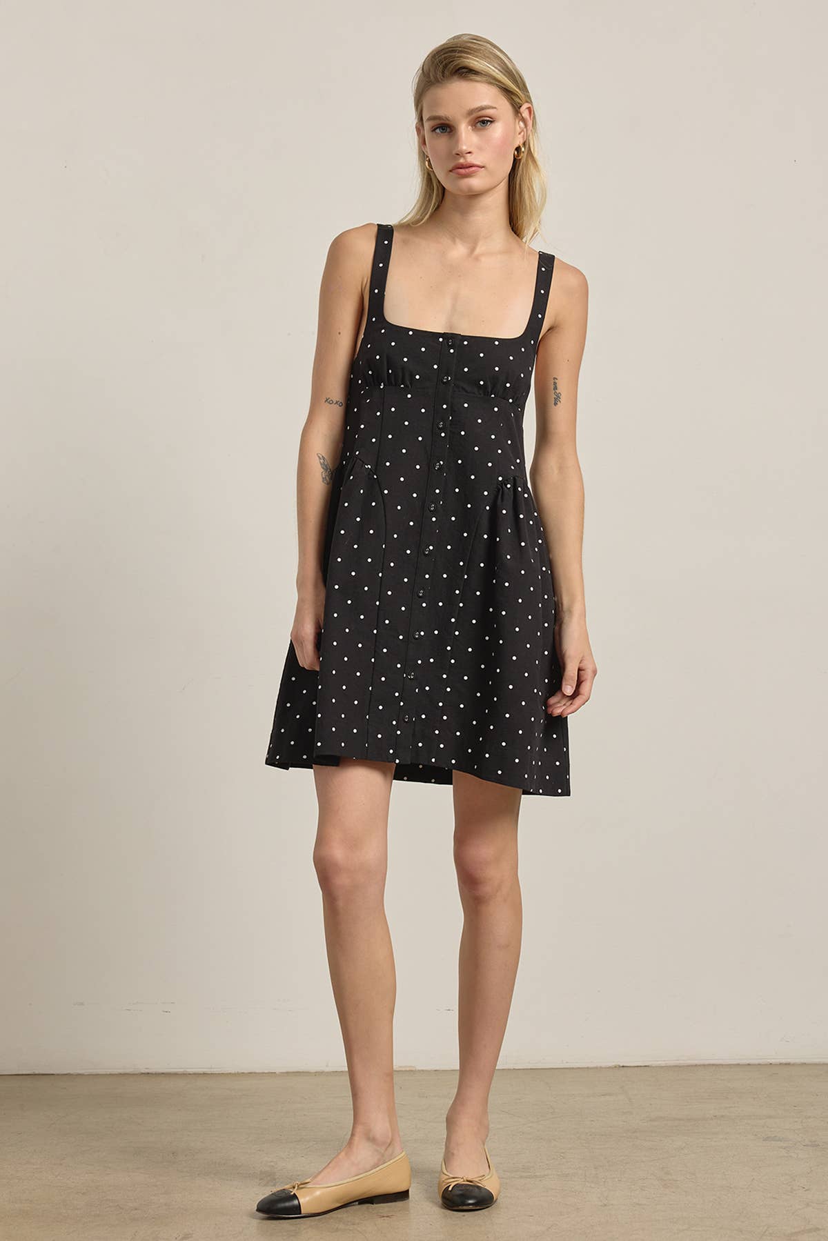 RAISONNEL - Polka Dot Button-Down Mini Dress - RD1256: BEIGE POLKA DOT / S-M-L (3-2-1)