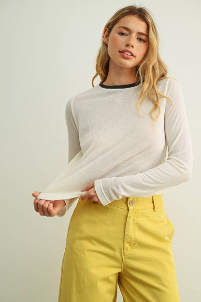 MIOU MUSE - ET7016   ESSENTIAL RINGER LONG SLEEVE TOP: CREAM/NAVY / L