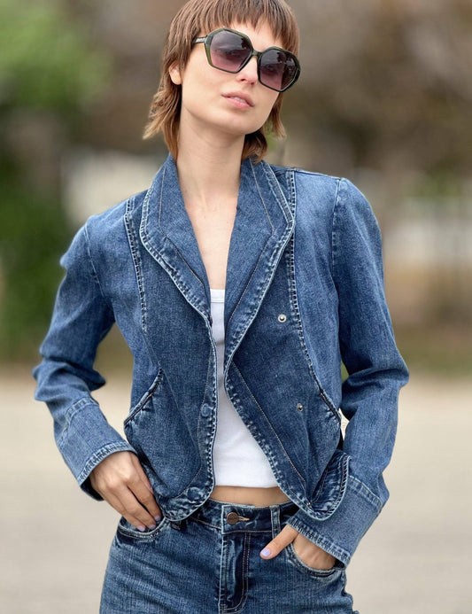 WASH LAB - Short Riding Denim Jacket: Anita Blue / L