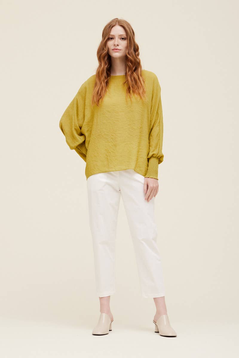 Grade & Gather - 40250PP - SMOCKED SLEEVE BLOUSE: CHARTREUSE / SMALL/MEDIUM