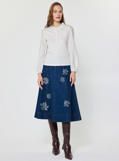 Current Air - Floral Embroidery Patch Denim Midi Skirt: Denim / L