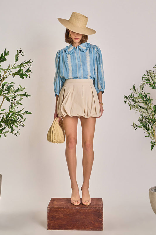 English Factory - Embroidered Ruffle Collar Blouse: POWDER BLUE/NATURAL / XS