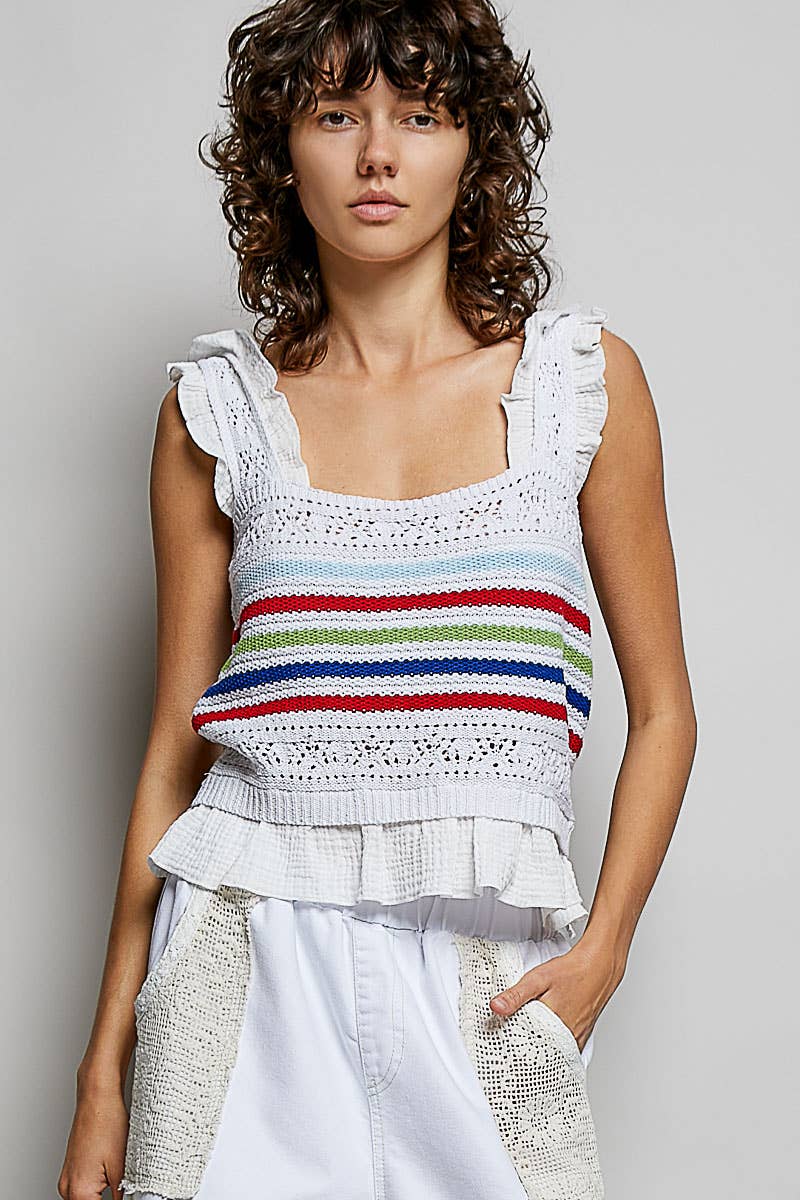 Pol Clothing - Sleeveless Striped Ruffle Cropped Thin Sweater Knit Top: NATURAL / S