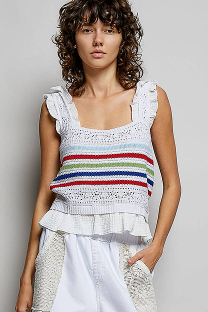 Pol Clothing - Sleeveless Striped Ruffle Cropped Thin Sweater Knit Top: NATURAL / S