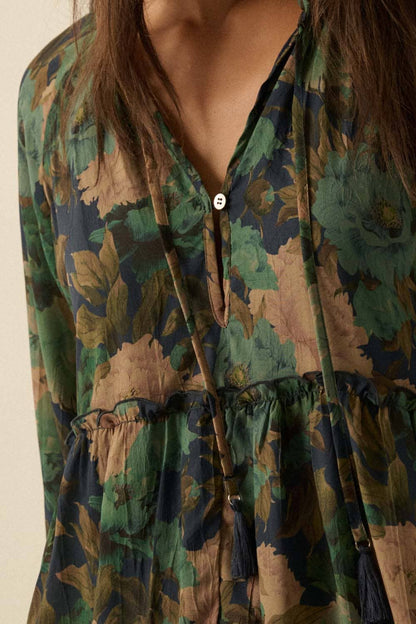 Promesa USA - Floral-Print Tiered Ruffle Long-Sleeve Midi Dress: SAND / L