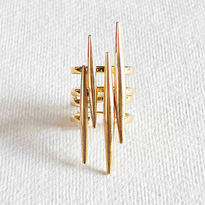 Bisjoux - Solid brass double spike needle adjustable ring handcrafted