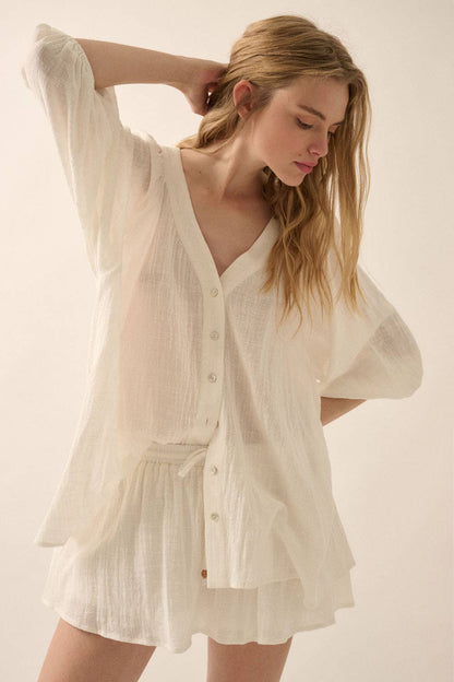 Promesa USA - Textured Button-Front Three Quarter-Sleeve Top: Off White / M