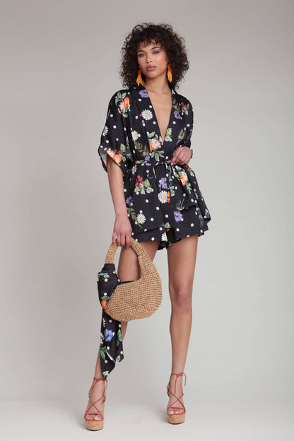 Avec Les Filles - Floral Polka Dot Satin Kimono Top: Black Scattered Botanical / L