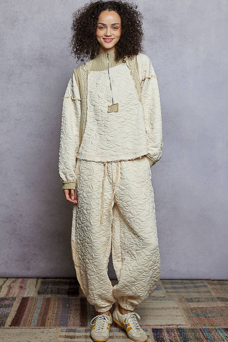 Pol Clothing - Long sleeve solid stitch edge quilted woven hoodie top: CHARCOAL / M