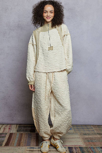 Pol Clothing - Long sleeve solid stitch edge quilted woven hoodie top: CHARCOAL / L