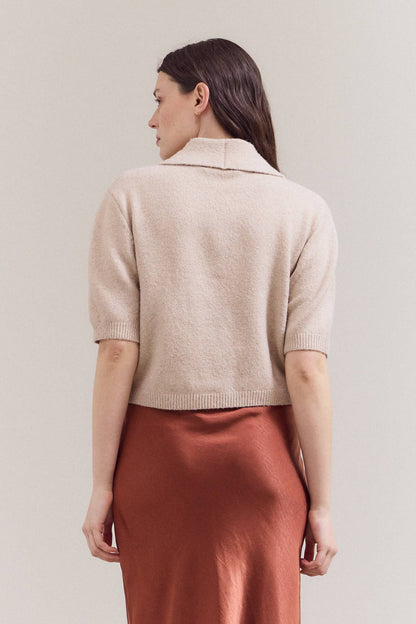 Grade & Gather - 42034 - 3/4 SHORT SLEEVE COLLAR NECK KNIT TOP: IRISH CREAM / Contemporary / SMALL