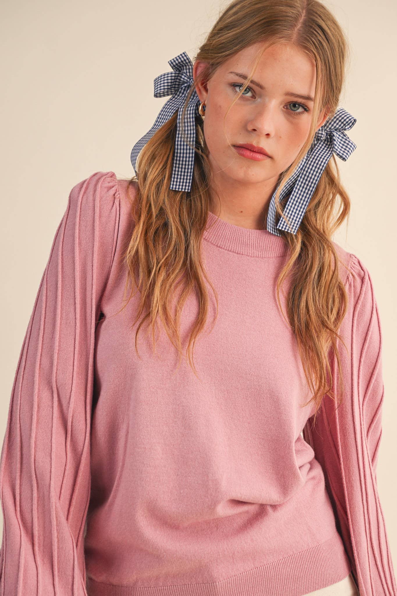 &MERCI - STRIPE TEXTURE PUFF SLEEVE SWEATER MSW9485: ROSEMARY GREEN / S