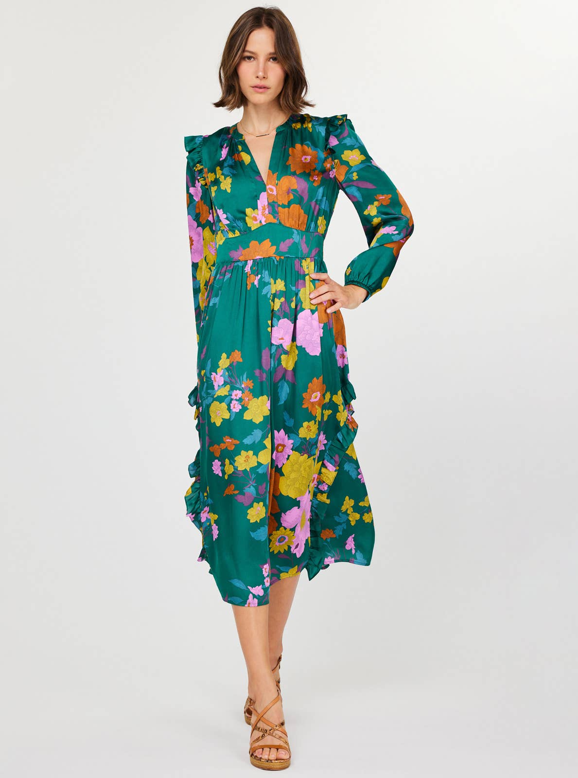 Current Air - Floral Printed Ruffled Midi Dress: Green Floral / M