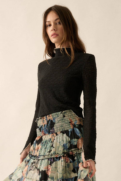 Promesa USA - Textured Floral Lace Cropped Mock Neck Top: Black / S