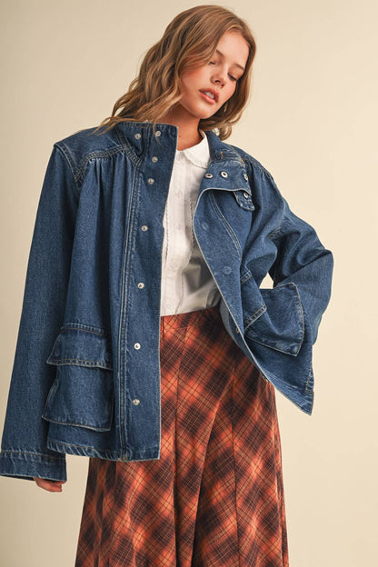 &MERCI - DENIM STAND COLLAR UTILITY JACKET MJK5157: DARK VINTAGE BLUE / L