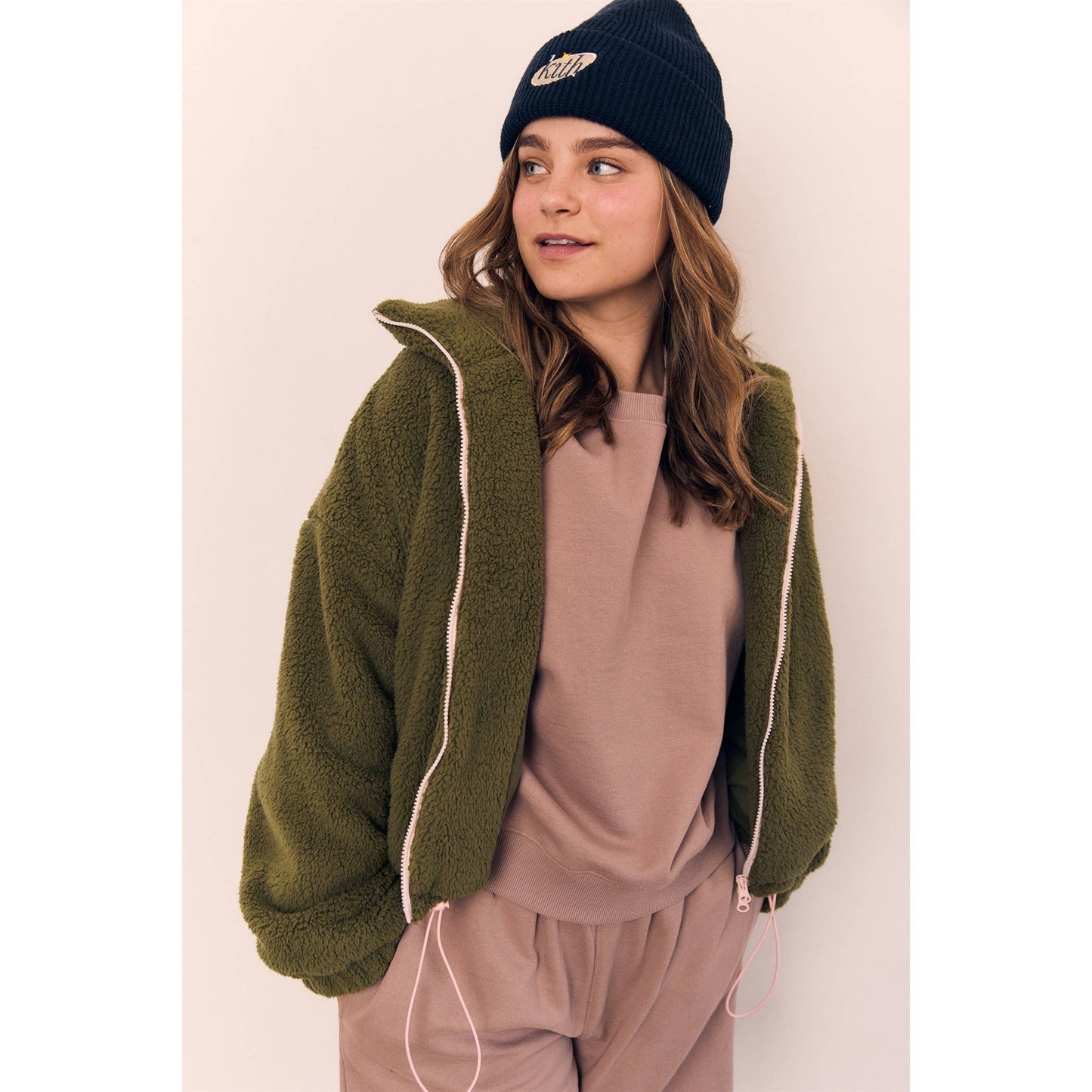 The Blank Lab - CONTRAST ZIP SHERPA JACKET-AAB648: GREEN / PINK ZIP / S-M-L(2-2-2)