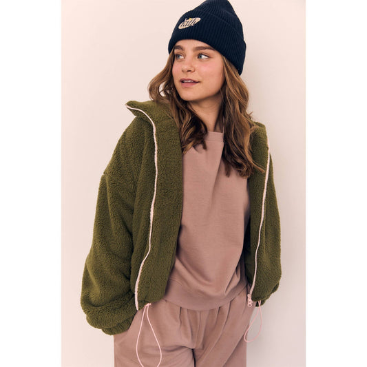 The Blank Lab - CONTRAST ZIP SHERPA JACKET-AAB648: GREEN / PINK ZIP / S-M-L(2-2-2)