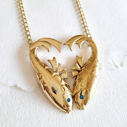 Bisjoux - Brass double fish  heart aquamarine pendant Necklace
