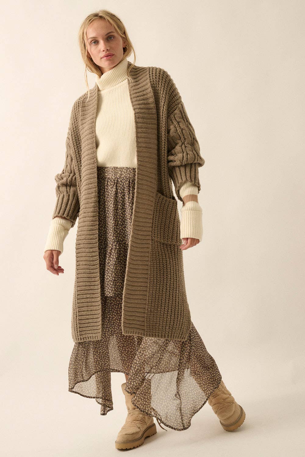 Promesa USA - Solid Rib Knit Open Front Cable Knit Cardigan: Sunburn / S