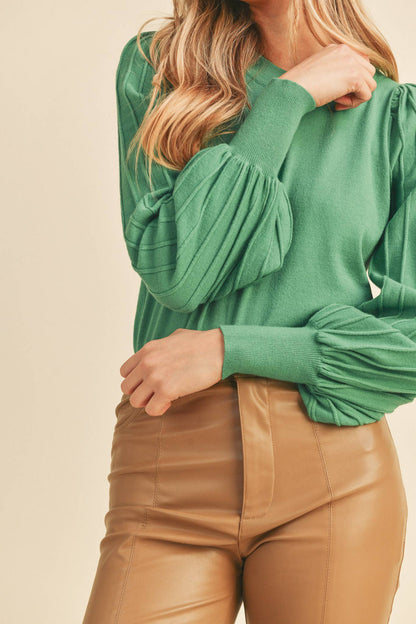 &MERCI - STRIPE TEXTURE PUFF SLEEVE SWEATER MSW9485: ROSEMARY GREEN / L