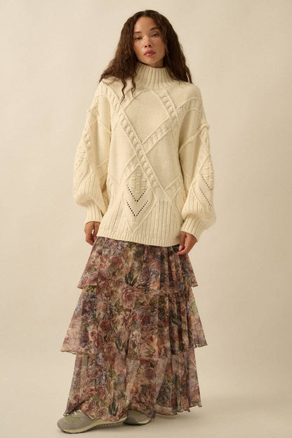 Promesa USA - Floral-Print Mesh Tiered Side-Ruffle Maxi Skirt: SAND / M