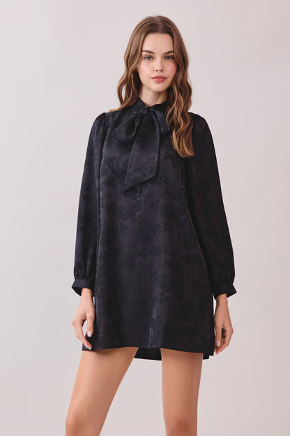 TCEC - CD06446-Floral Pattern Oversized Bowtie Detail Mini Dress: Black / L