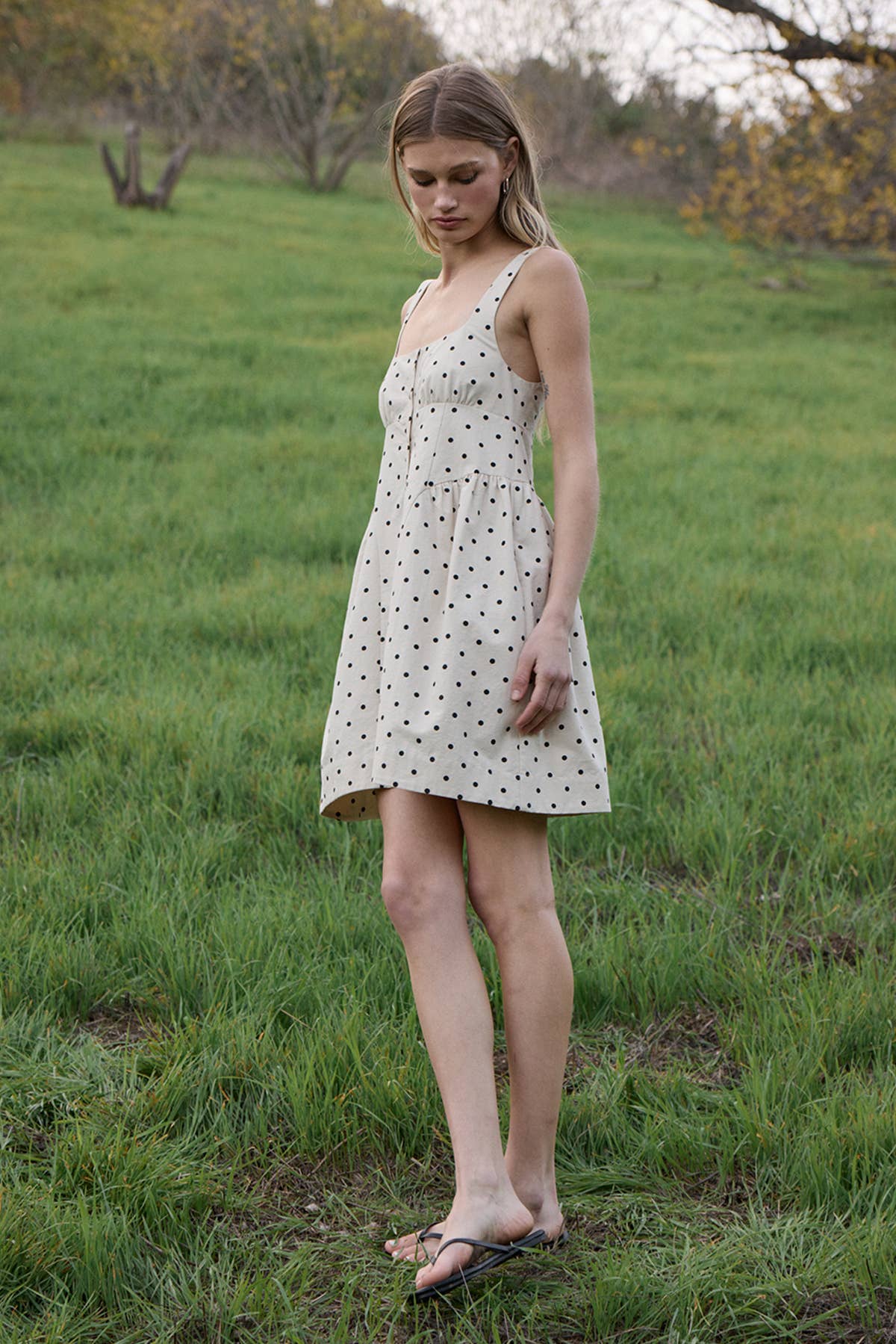 RAISONNEL - Polka Dot Button-Down Mini Dress - RD1256: BEIGE POLKA DOT / S-M-L (3-2-1)
