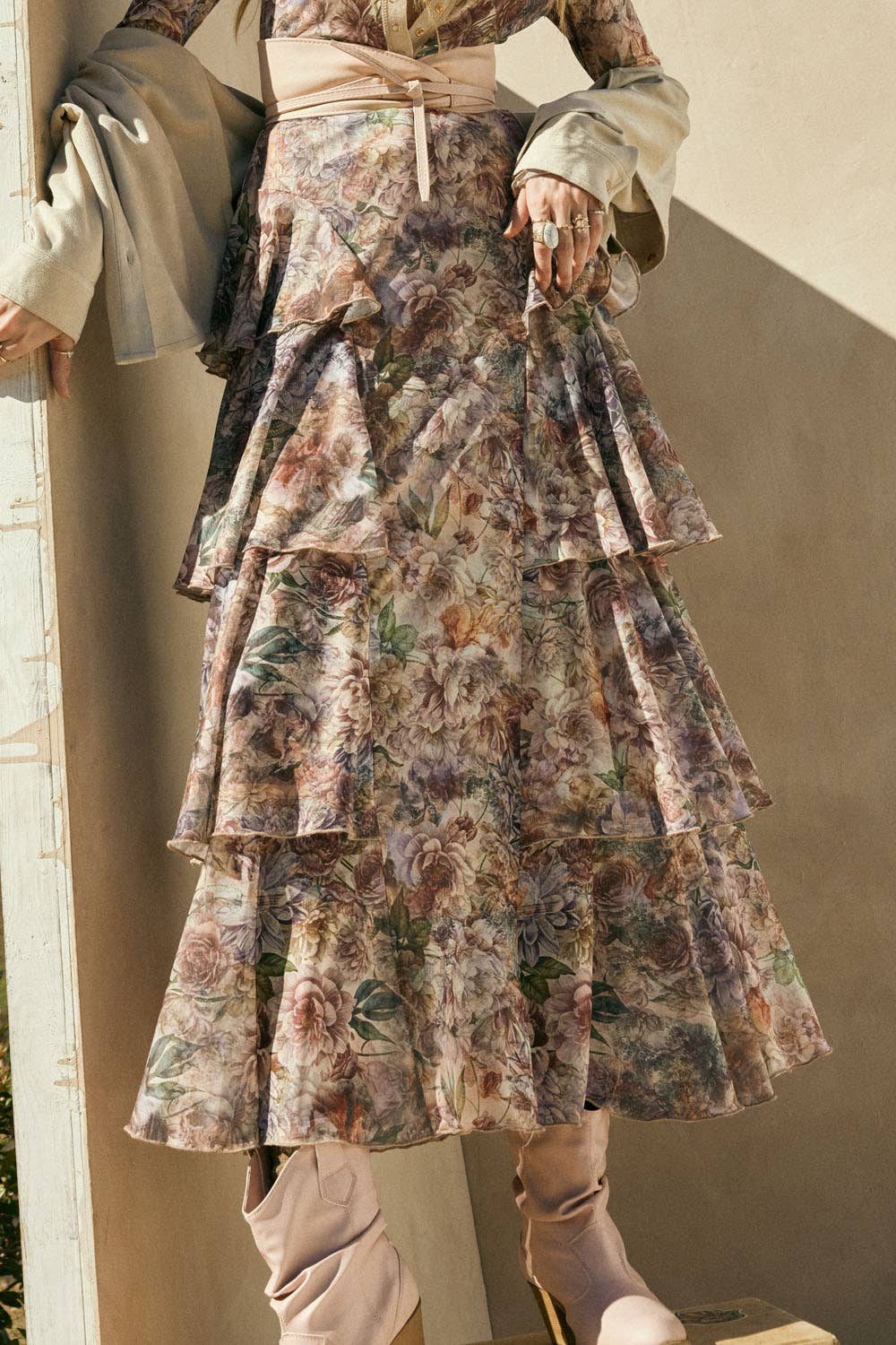 Promesa USA - Floral-Print Mesh Tiered Side-Ruffle Maxi Skirt: SAND / L