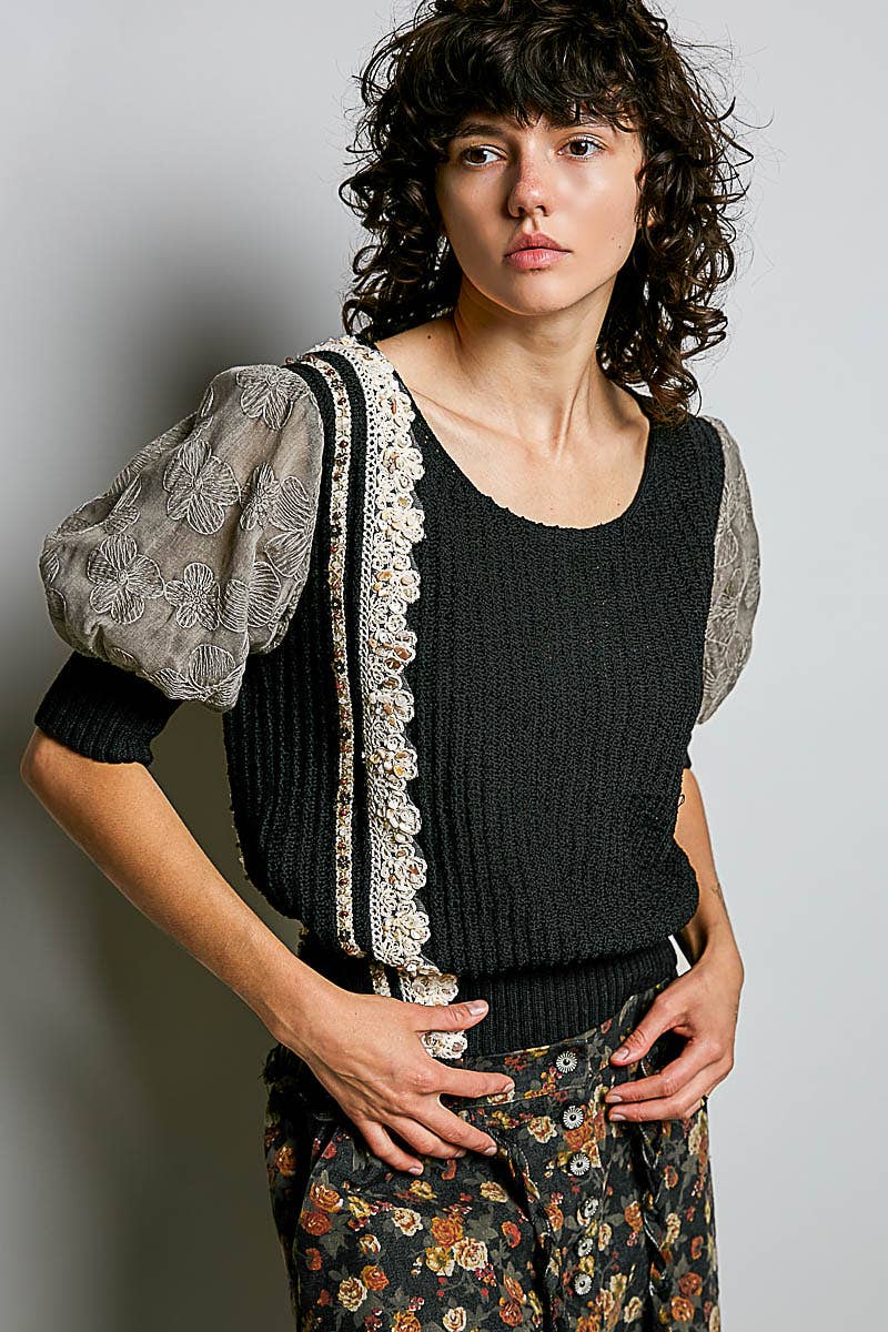 Pol Clothing - Balloon Sleeve bead Trim Point Acrylic Sweater Top : Black / S