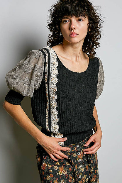 Pol Clothing - Balloon Sleeve bead Trim Point Acrylic Sweater Top : Black / S