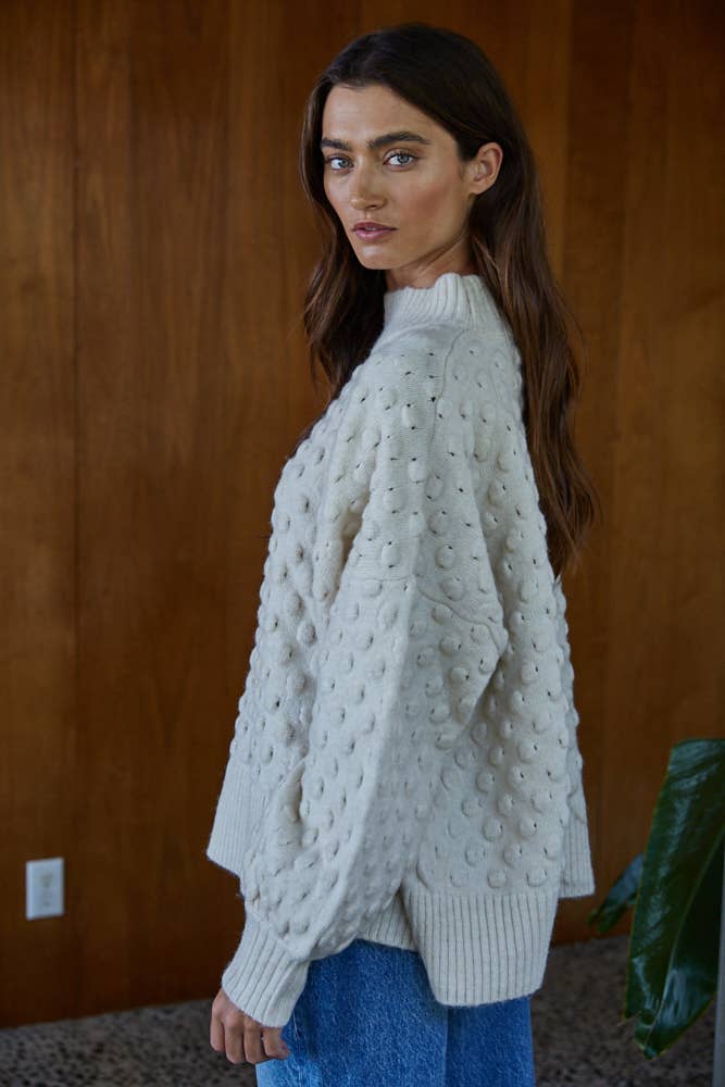 By Together - W2007 | Knit Sweater Popcorn Textured Mock Pullover: Cream / S