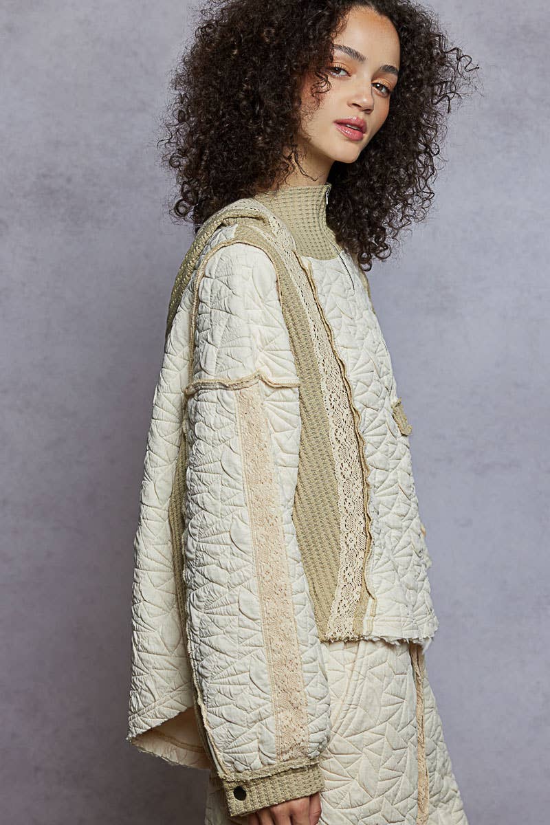 Pol Clothing - Long sleeve solid stitch edge quilted woven hoodie top: CHARCOAL / L