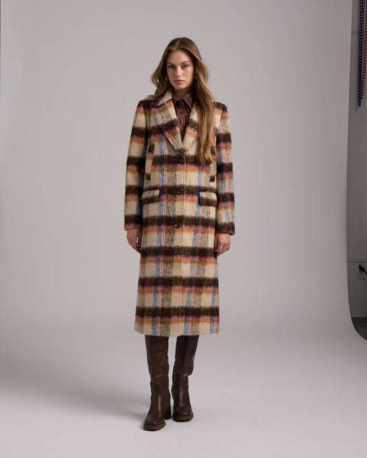 NVLT - D5259NVL - FAUX WOOL MAXI SINGLE BREASTED BOYFRIEND JACKET: BROWN PLAID / M