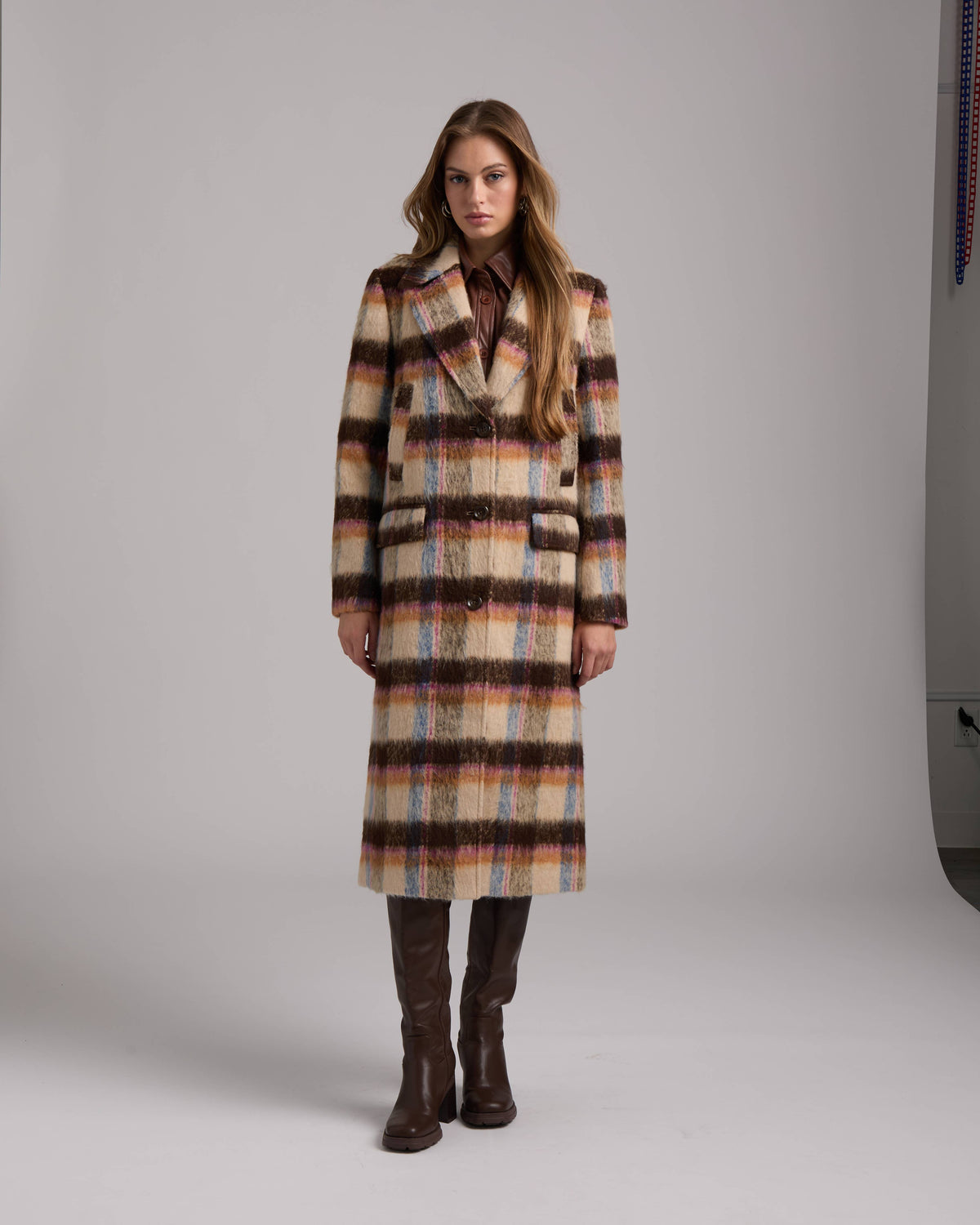 NVLT - D5259NVL - FAUX WOOL MAXI SINGLE BREASTED BOYFRIEND JACKET: BROWN PLAID / S
