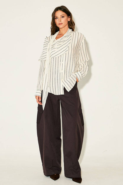 DRIPSEN - RT10064_Striped Shawl Detail Shirt: WHITE/BROWN / L