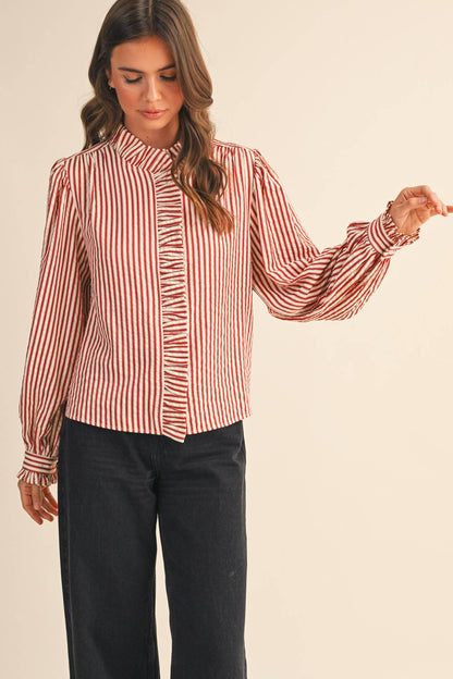 &MERCI - STRIPED RUFFLED BUTTON DOWN LONG SLEEVE TOP MTP4319: Denim Blue Stripe / L