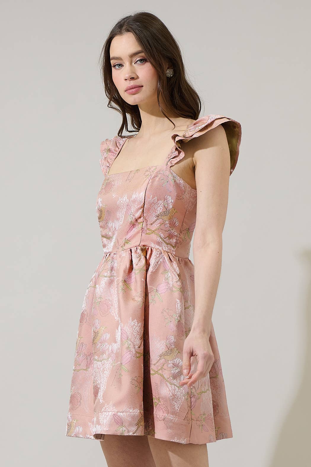 Sugarlips - Romie Floral Jacquard Ruffle Mini Dress: CoralMulti / XS