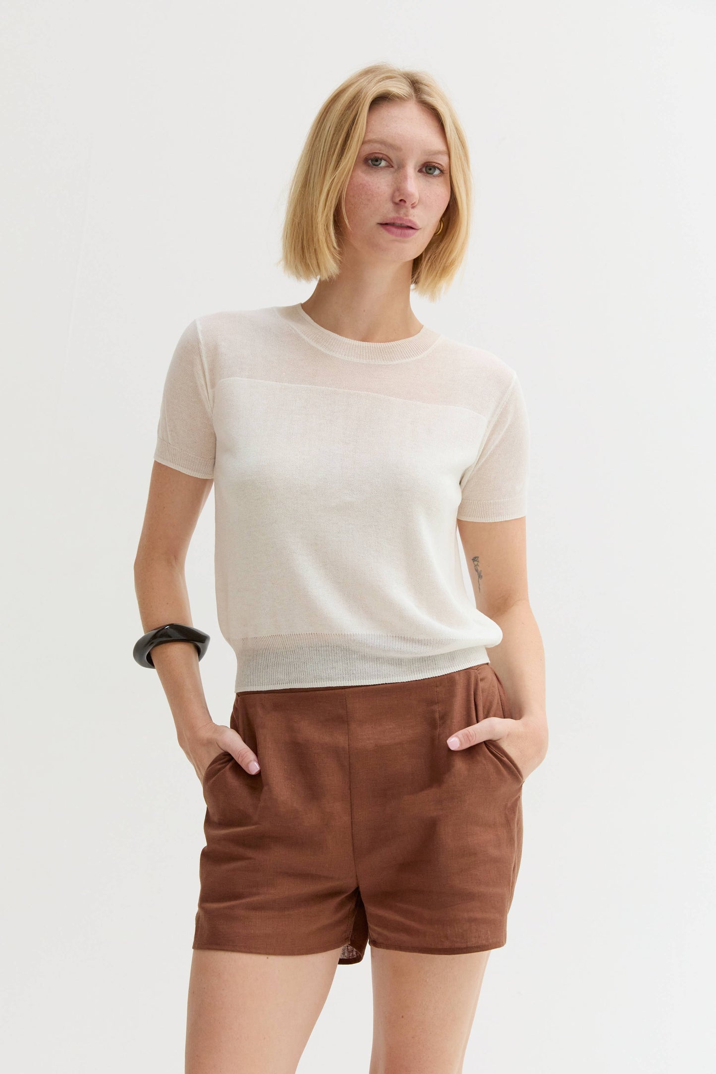 Crescent - CT9676 - Uri Short Sleeve Sheer Knit Top: IVORY / L