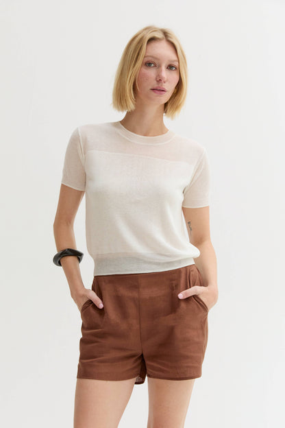 Crescent - CT9676 - Uri Short Sleeve Sheer Knit Top: IVORY / L