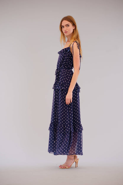 Julia Jordan - TIE SHOULDER SLEEVLESS RUFFLE MAXI DRESS: Navy white / L