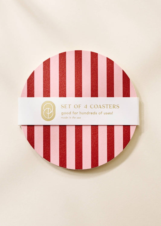 One & Only Paper - Pink and Maroon Striped Coaster - Set of 4