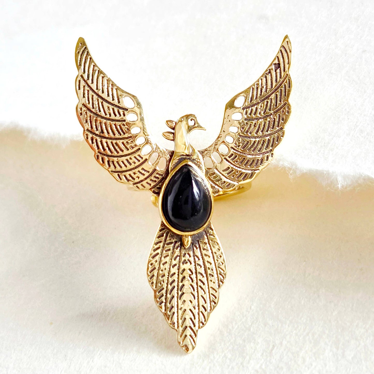 Bisjoux - Brass pheonix ring design handmade onyx moonstone green agat: Onyx
