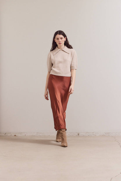 Grade & Gather - 42034 - 3/4 SHORT SLEEVE COLLAR NECK KNIT TOP: IRISH CREAM / Contemporary / MEDIUM